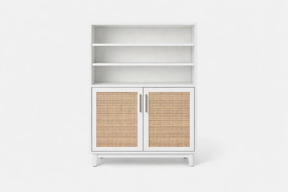 Meuble de cuisine en MDF avec portes en rotin naturel 80×40×120 cm, 2 étagères ouvertes et 2 portes