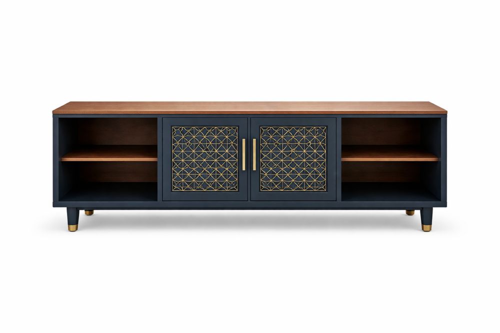 Meuble TV bas 160×40×50 cm en MDF et acier avec placage noyer, 2 portes et 4 étagères