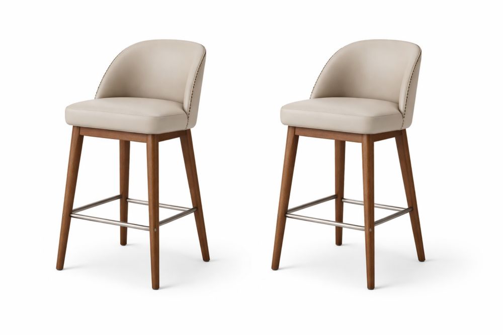 Ensemble de 2 Tabourets de Bar en Bois et Cuir Synthétique Beige