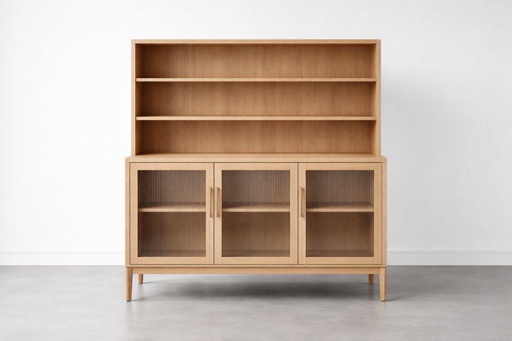 Meuble de cuisine en chêne naturel 203×45×183 cm avec portes battantes en verre texturé et étagères ouvertes