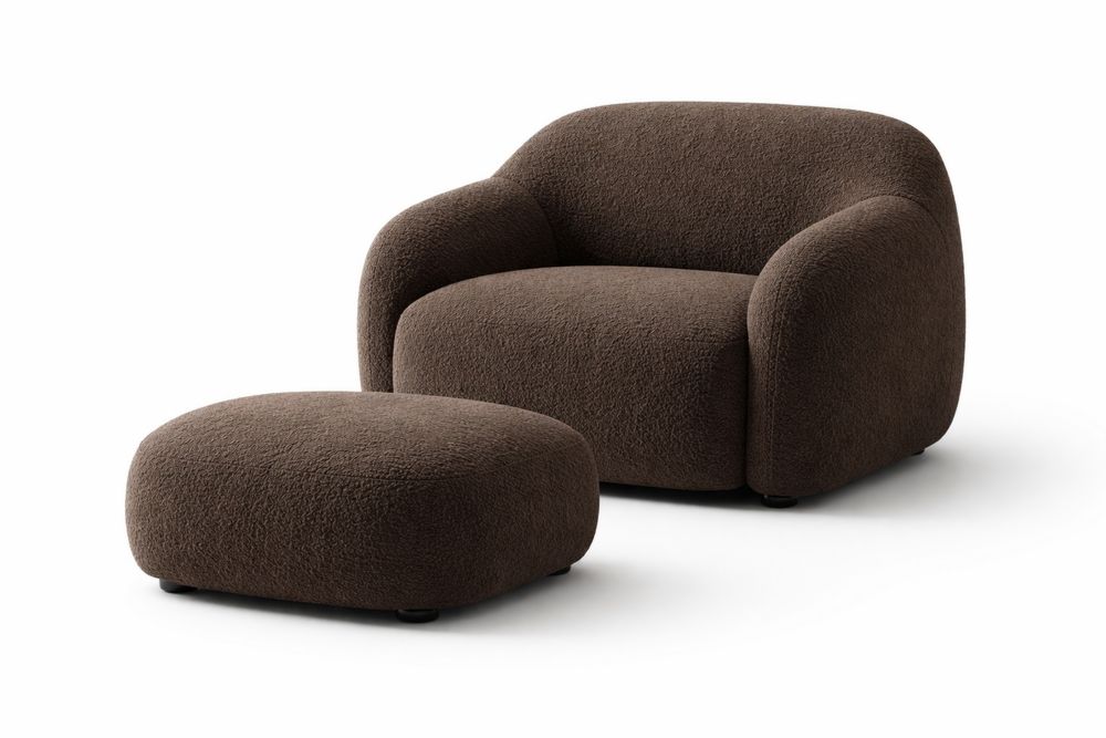 Fauteuil en tissu brun avec repose-pied