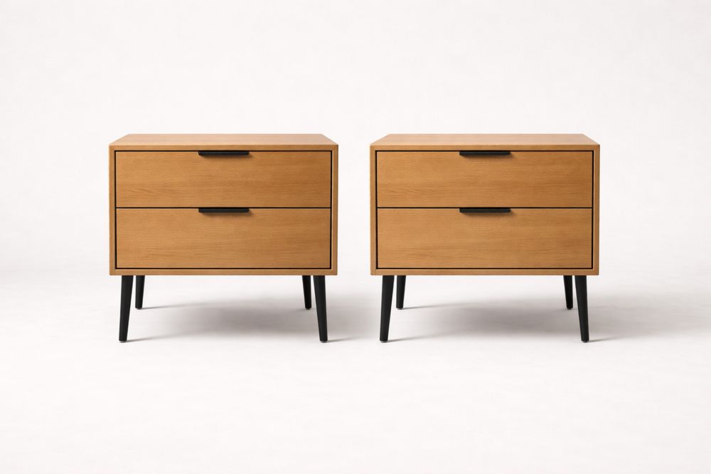 Tables de chevet en bois avec 2 tiroirs et pieds en acier, lot de 2