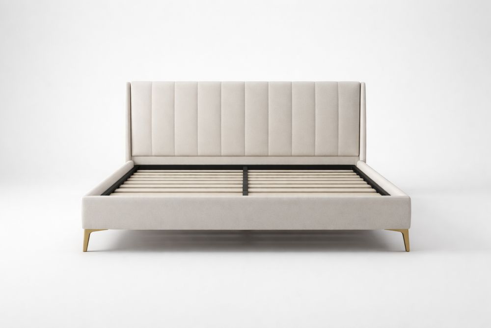 Lit Double Beige en Tissu avec Pieds en Acier