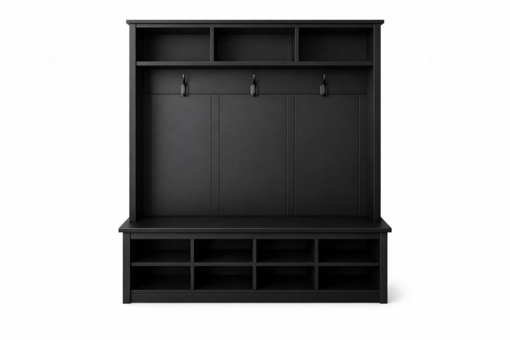 Vestiaire d'entrée en bois noir avec étagères et crochets