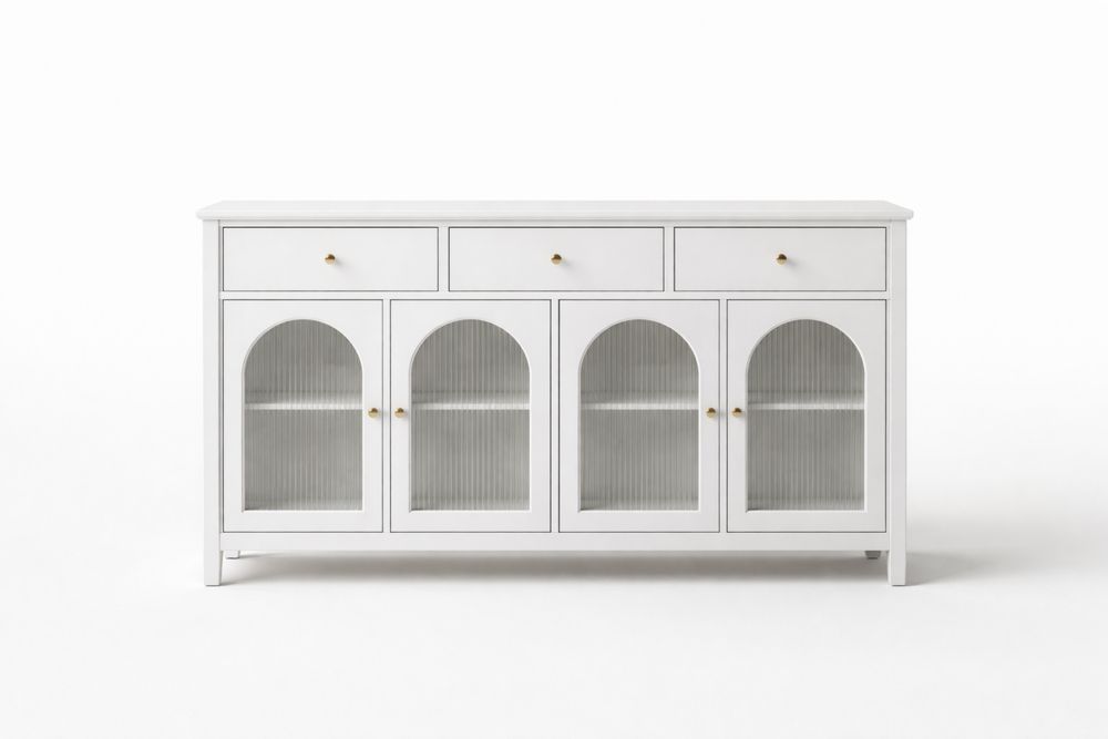 Buffet en bois avec portes en verre cannelé et 3 tiroirs