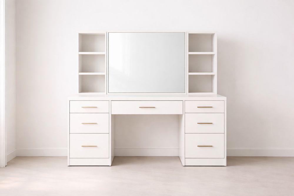 Coiffeuse en bois blanc avec miroir, tiroirs et étagères