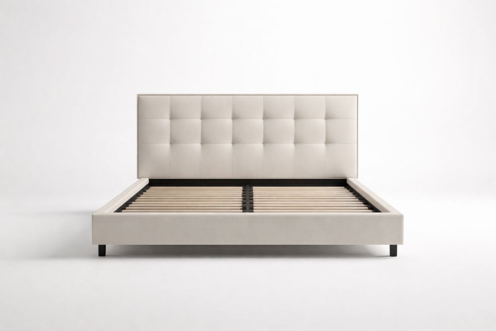 Cadre de lit en tissu beige avec tête de lit capitonnée