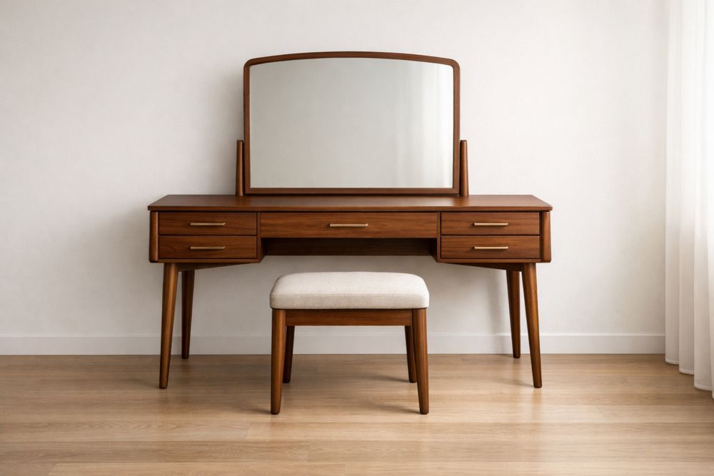 Coiffeuse en Bois de Noyer avec Miroir et Tabouret en Tissu de Polyester