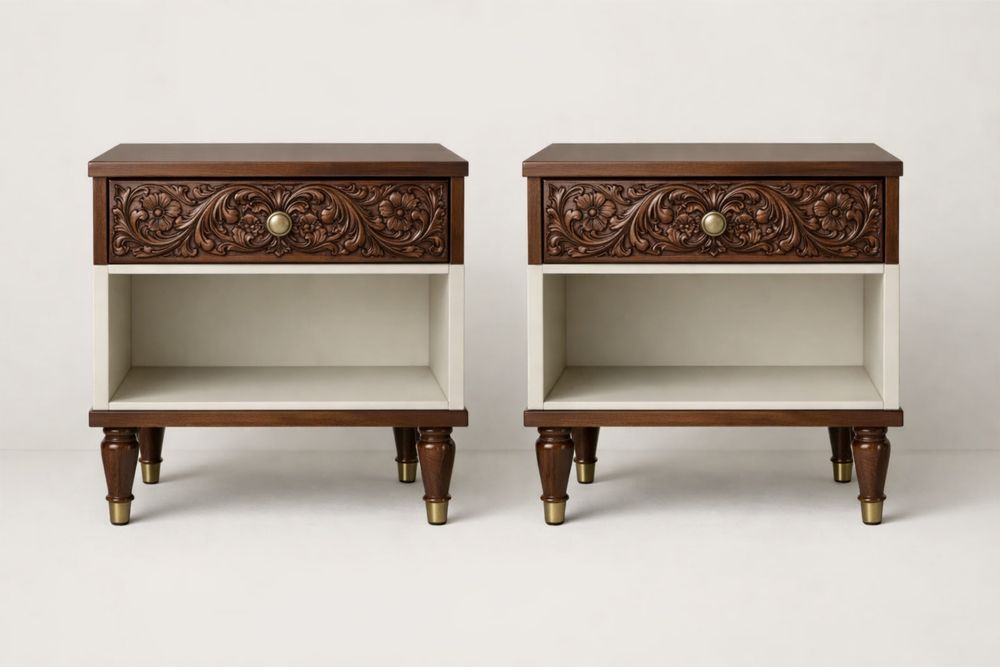 Tables de Nuit en Bois avec Tiroir Sculpté et Compartiment Blanc