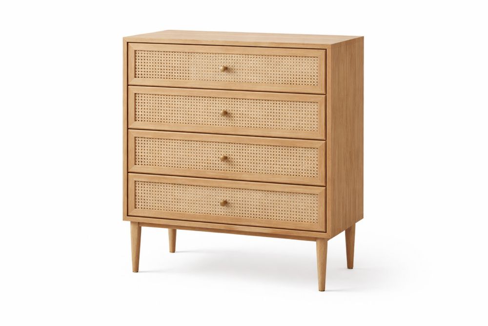 Commode en bois massif avec tiroirs en rotin