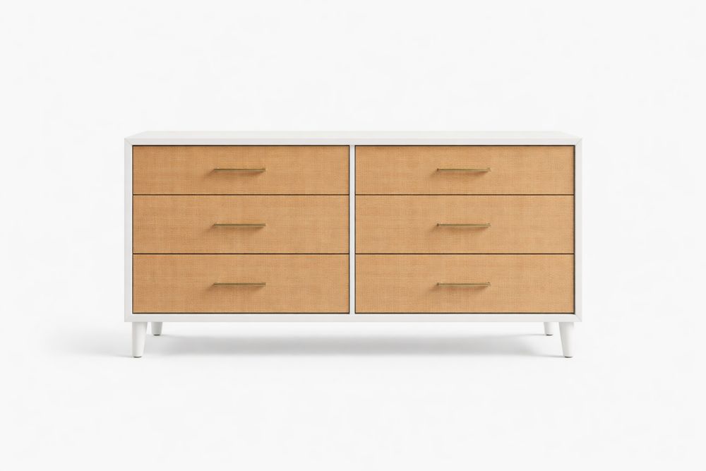 Commode 6 Tiroirs Blanc Bois Rotin