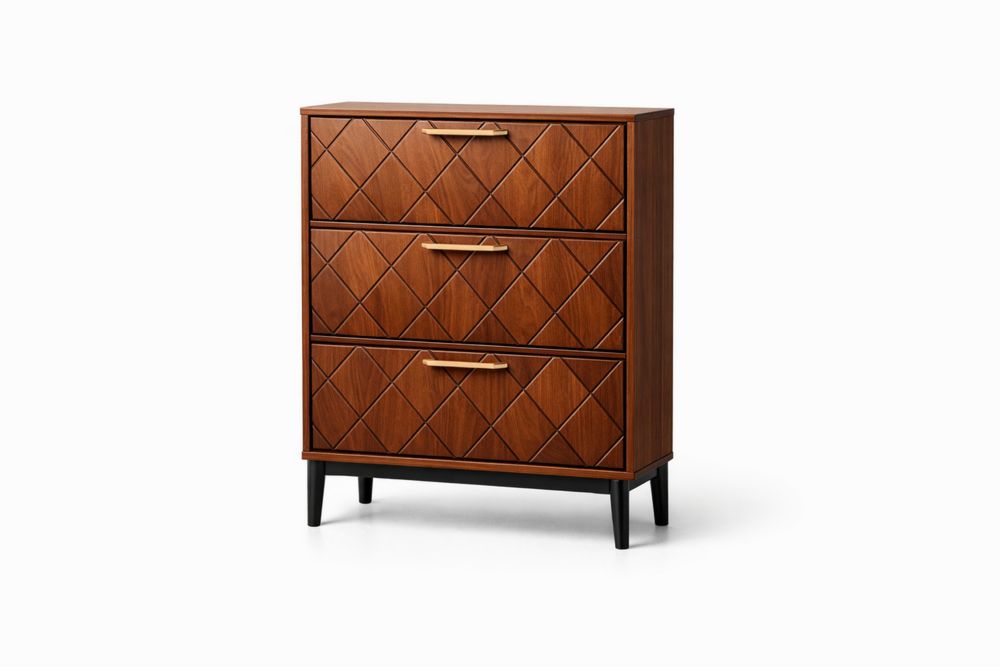 Commode 3 tiroirs bois d'acajou motif losanges 80x40x110 cm