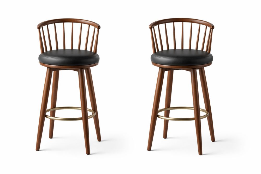Lot de 2 Tabourets de Bar en Bois Noyer et Cuir PU Noir