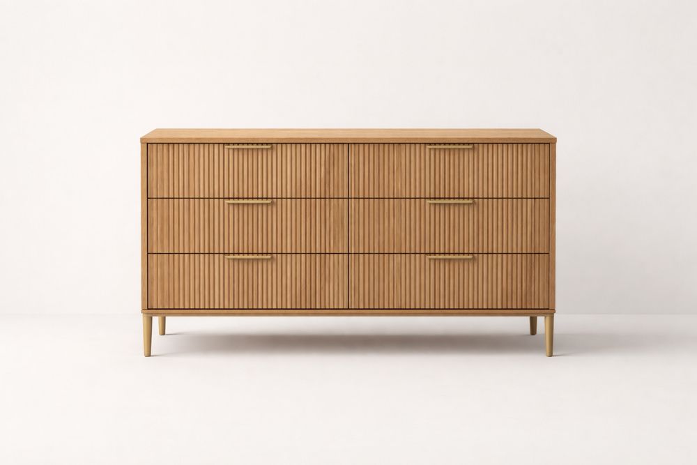 Commode en bois avec tiroirs nervurés et pieds en acier