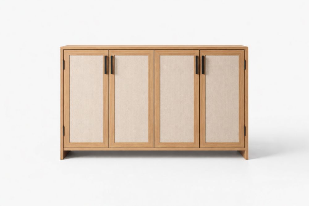 Credenza in Legno MDF con Ante in Tessuto Beige e Maniglie in Metallo-Nestelivo