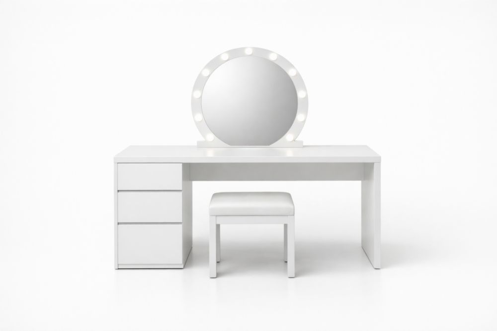 Tavolo da Trucco con Specchio Rotondo Illuminato MDF Bianco-Nestelivo