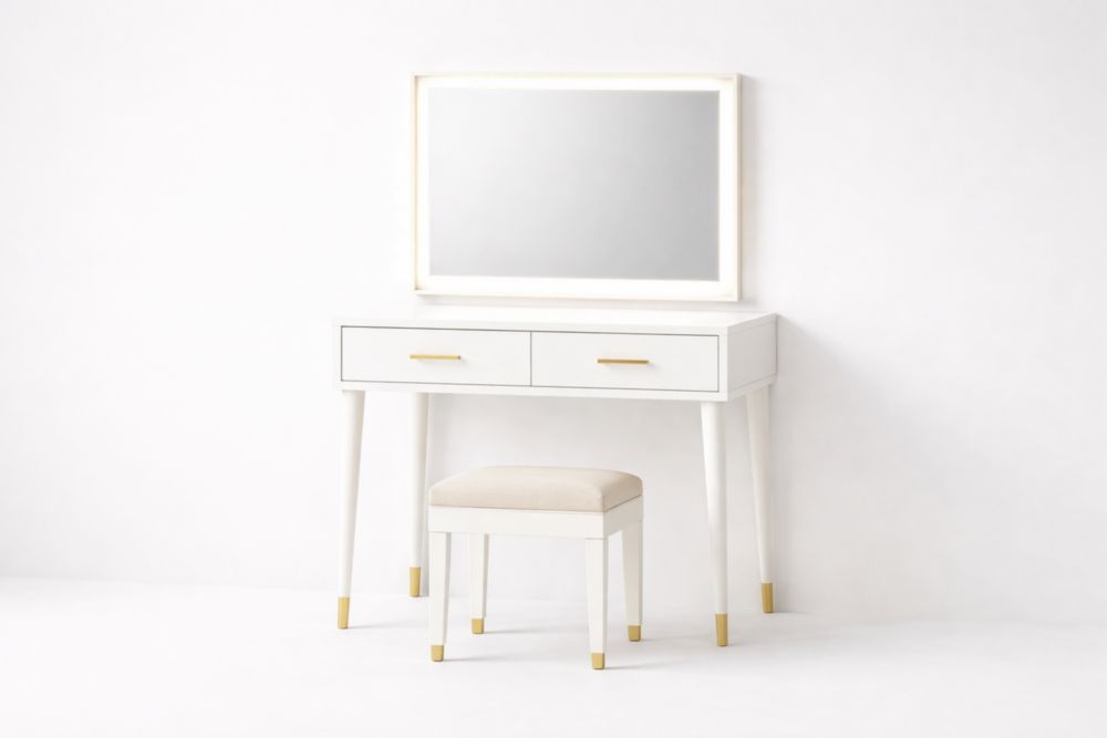 Tavolo da toeletta in legno con specchio e sgabello-Nestelivo