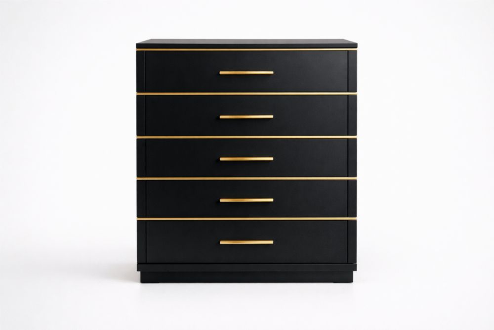 Cassettiera in MDF Nero con Dettagli in Metallo Oro, 5 Cassetti-Nestelivo