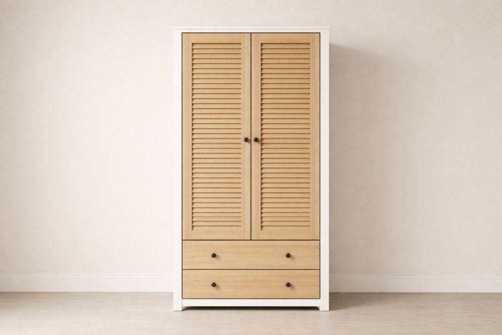 Armadio a Due Ante in Legno di Pino con Cassetti MDF Naturale/Bianco-Nestelivo