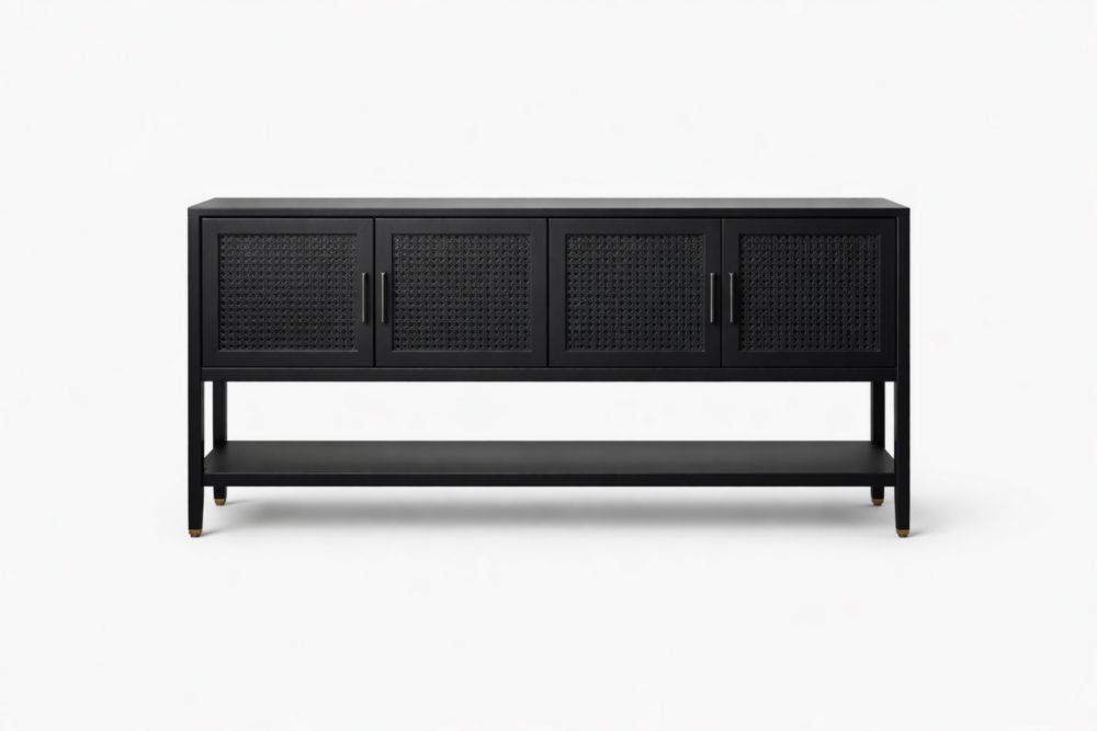 Credenza in legno e rattan nera 150x40x80 cm-Nestelivo