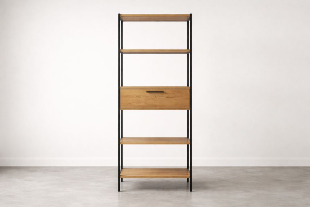 Scaffale in Metallo e Legno di Quercia con 4 Ripiani e 1 Cassetto-Nestelivo