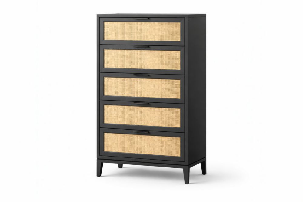 Cassettiera Alta in Legno MDF e Rattan 5 Cassetti Nero/Naturale-Nestelivo