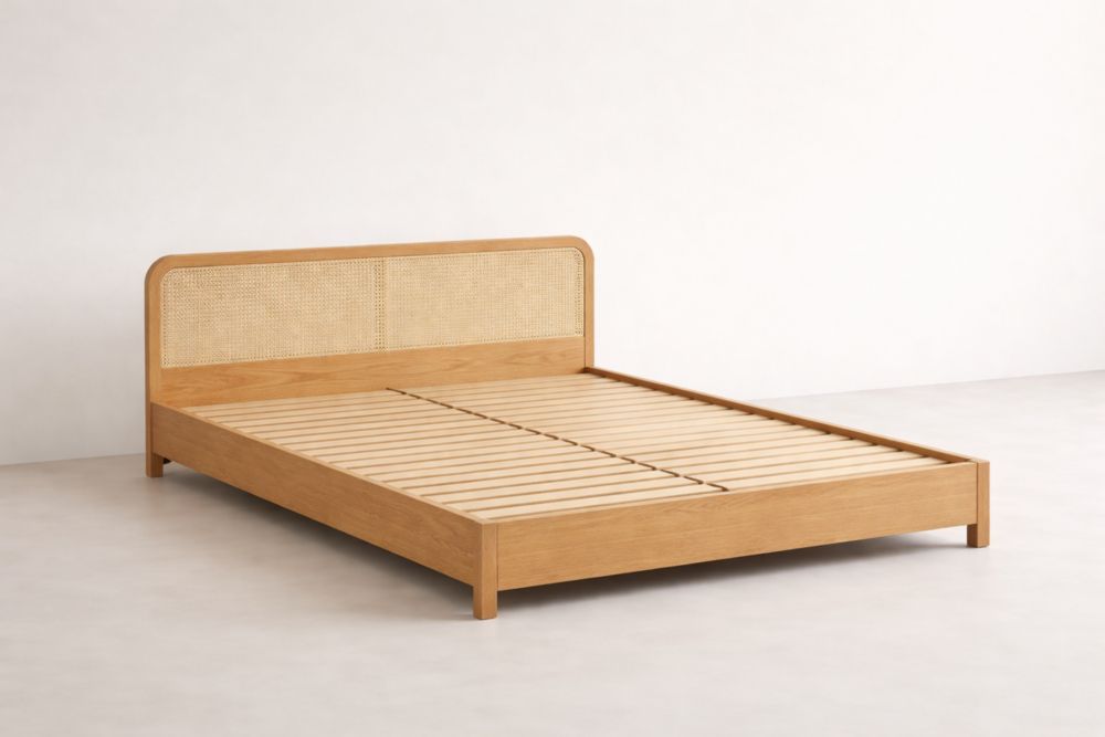 Letto matrimoniale in legno di quercia e rattan 200x160 cm-Nestelivo