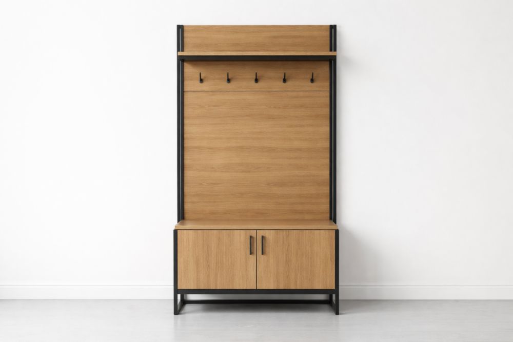 Appendiabiti a parete in legno e metallo con ganci e armadietto 190x90x40 cm-Nestelivo