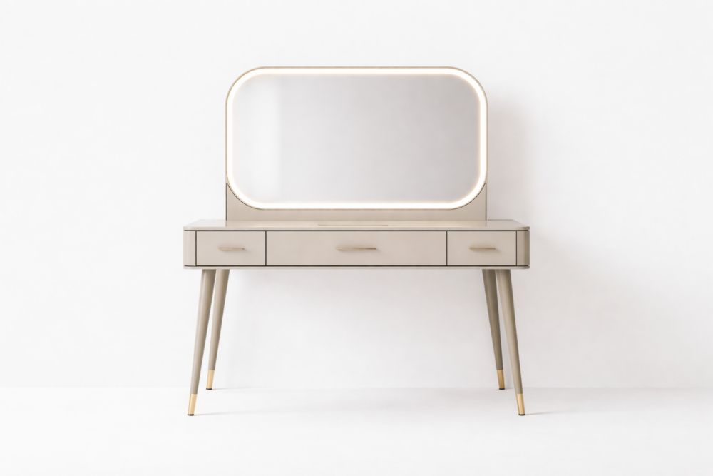 Consolle trucco con specchio retroilluminato tre cassetti in legno MDF Beige-Nestelivo