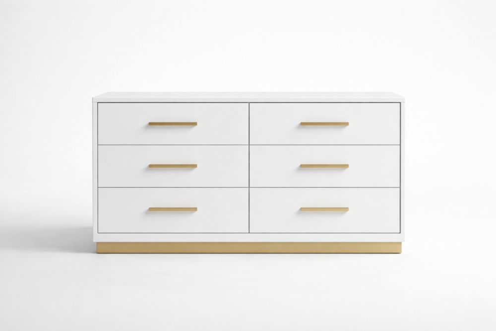 Cassettiera in legno bianco con maniglie in metallo dorato 132cm-Nestelivo
