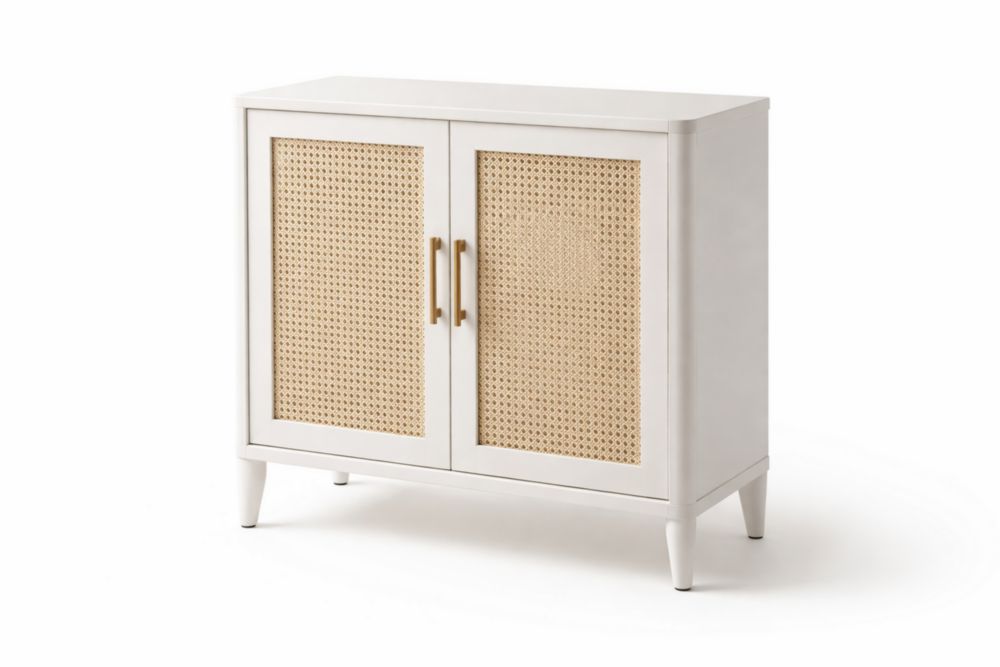 Credenza in legno con ante in rattan 80x35x75 cm-Nestelivo