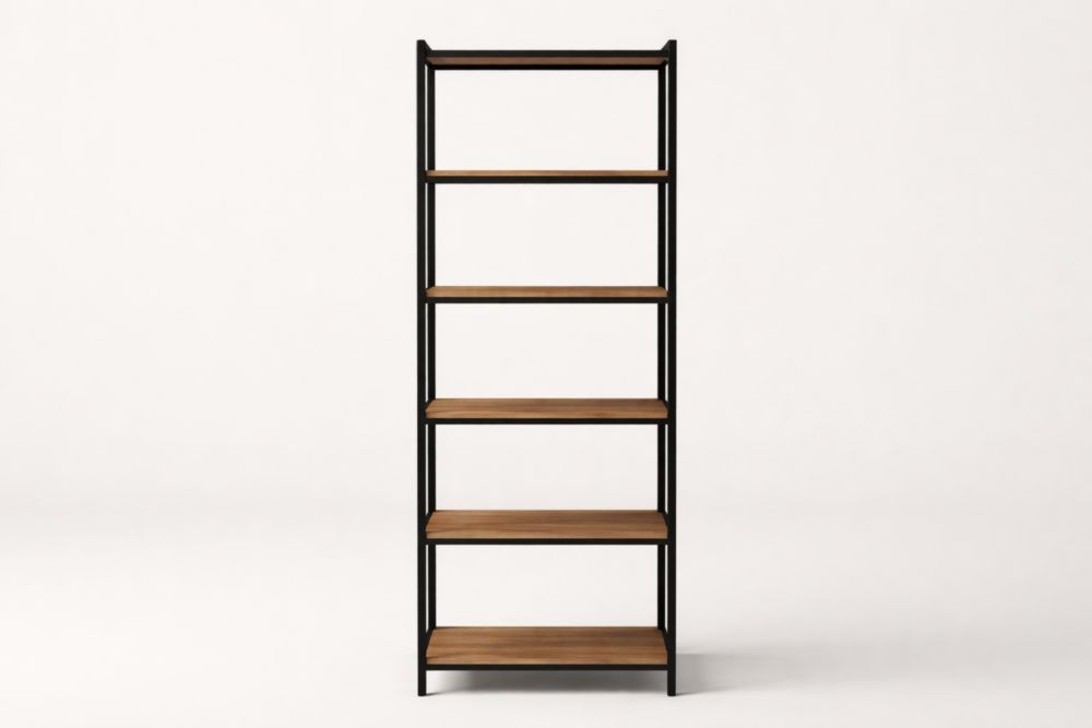 Scaffale libreria con 5 ripiani in legno e struttura in metallo nero-Nestelivo