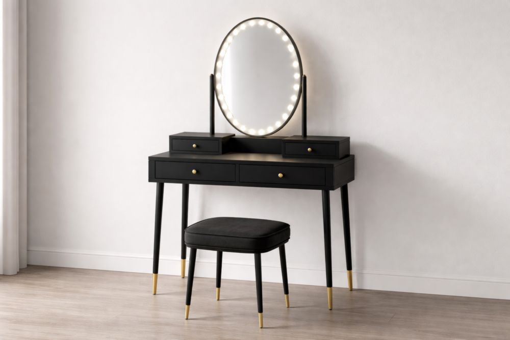 Tavolino da Toeletta con Specchio LED e Sgabello in Legno e Metallo Nero-Nestelivo