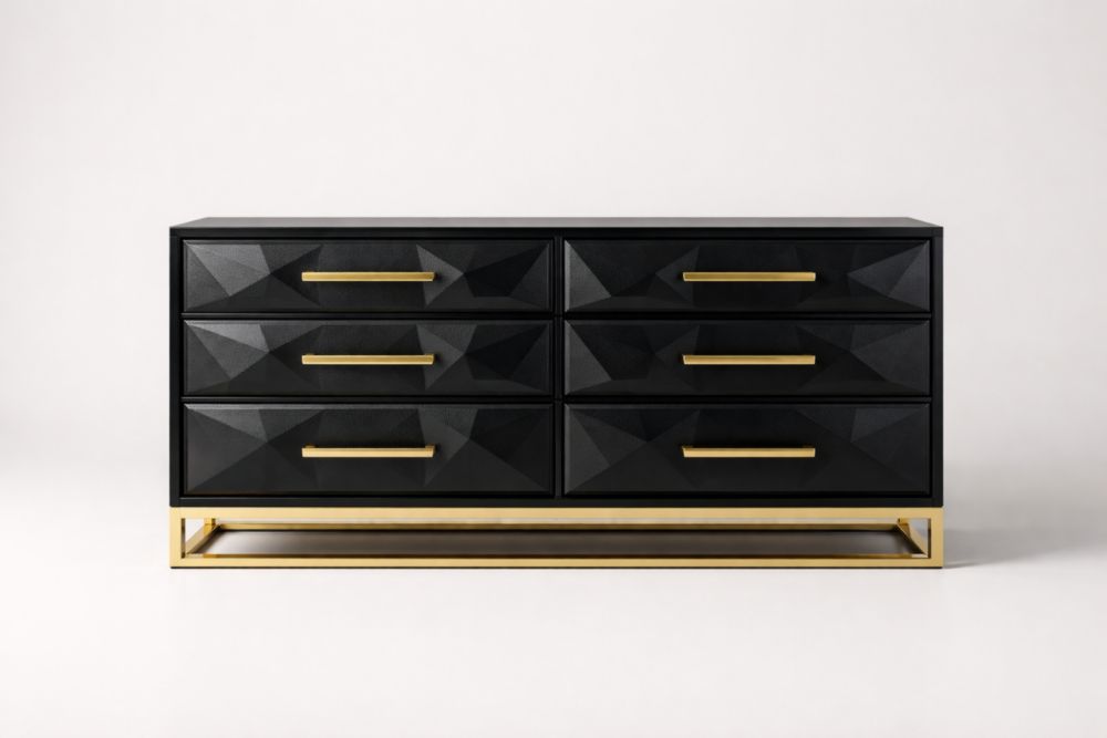 Cassettiera moderna in MDF nero con base e maniglie in metallo dorato-Nestelivo