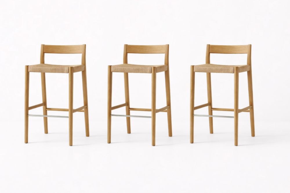 Sgabelli Alti Set di 3 in Legno e Fibra Naturale H95 cm-Nestelivo