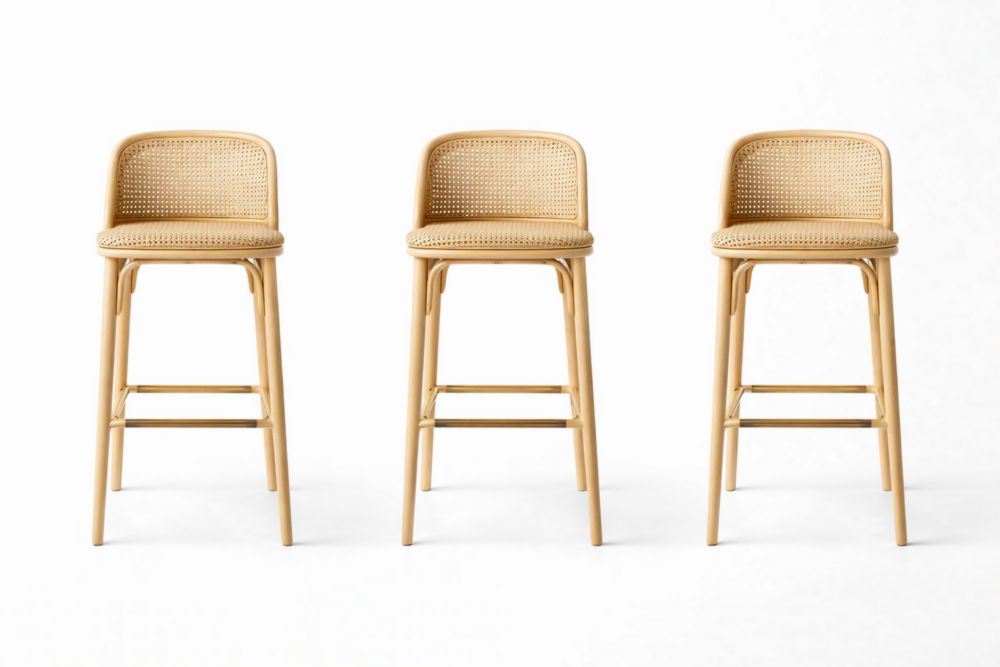 Set di 3 Sgabelli da Bar in Rattan Naturale con Schienale-Nestelivo