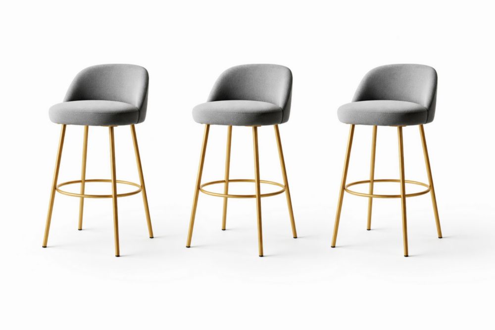 Set 3 Sgabelli da Bar in Tessuto Grigio con Gambe in Metallo Oro-Nestelivo
