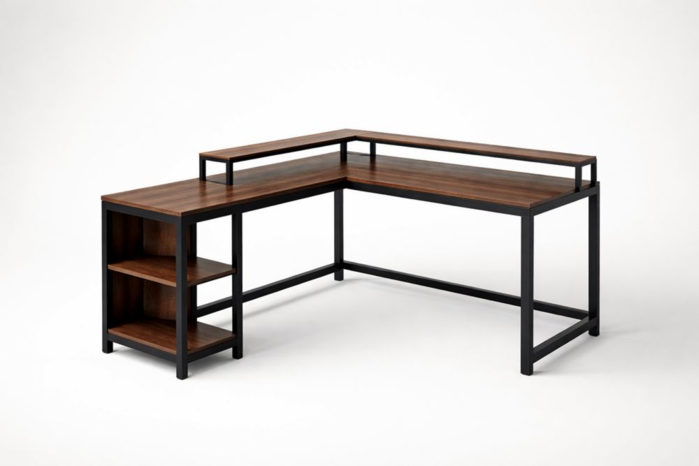 Scrivania Angolare L con Ripiani Legno Metallo 150x120x75 cm-Nestelivo