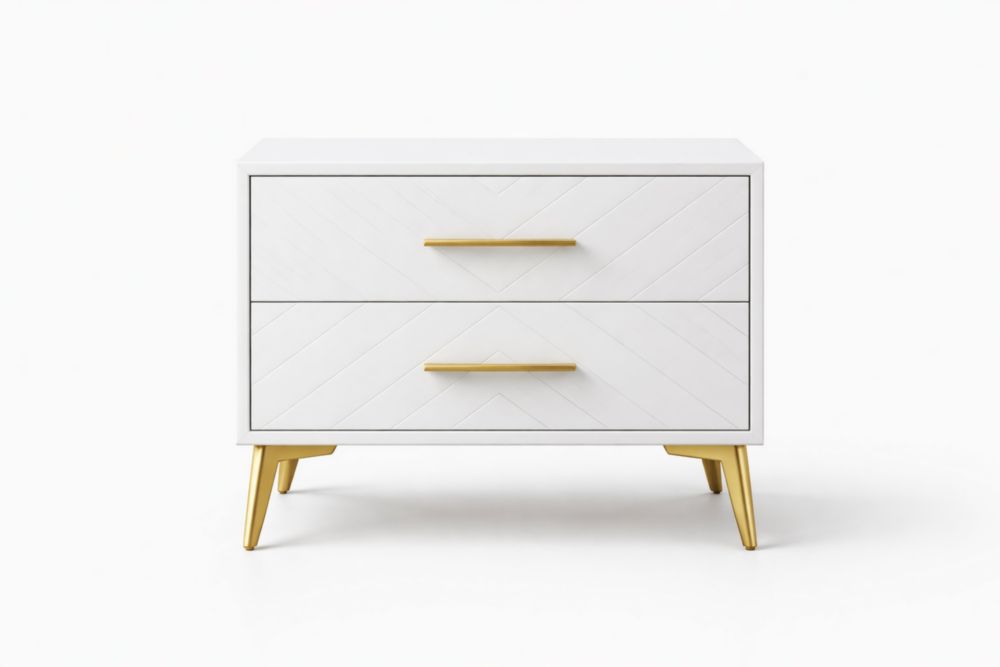 Comodino in Legno MDF con Gambe in Metallo Bianco e Oro-Nestelivo