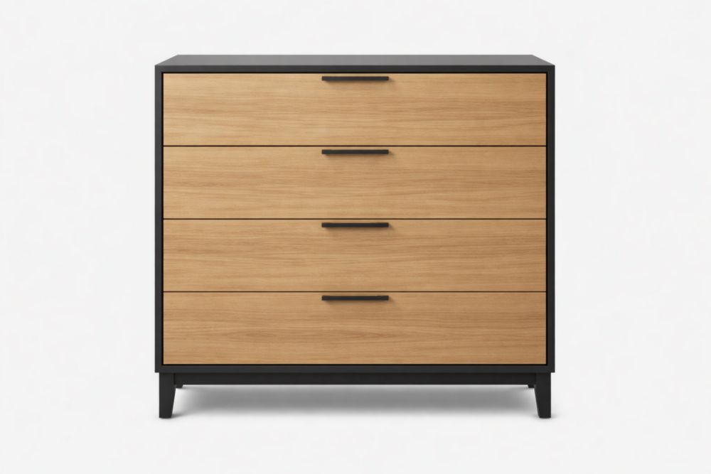 Cassettiera in MDF con Quattro Cassetti Naturale e Nero 80x40x90 cm-Nestelivo