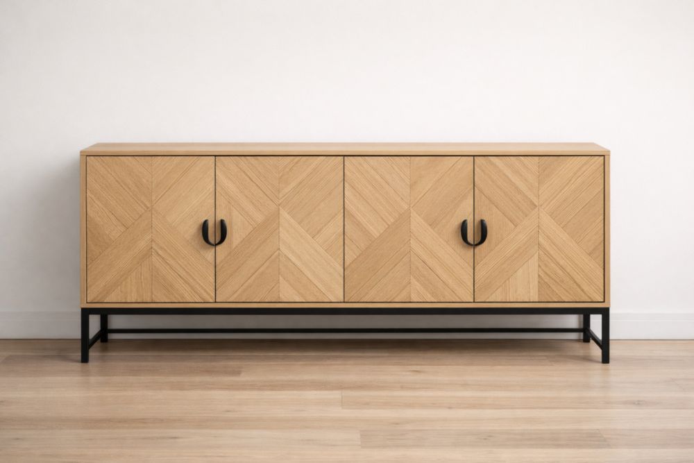 Credenza in Legno Compensato Quercia e Metallo Nero 160x45x75 cm-Nestelivo