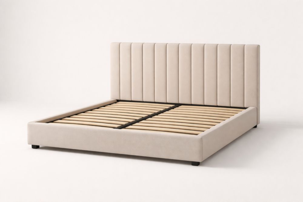 Letto matrimoniale in tessuto beige con doghe in legno-Nestelivo