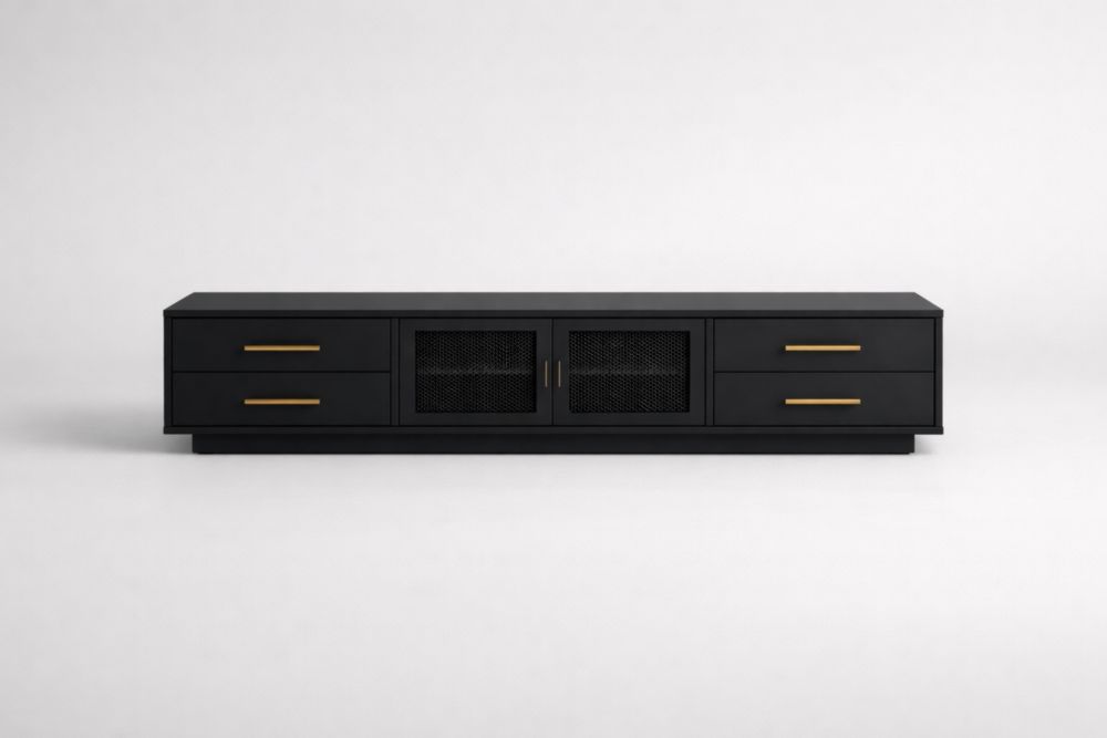 Mobile TV in legno MDF nero con maniglie in metallo dorato 180x40x45 cm-Nestelivo