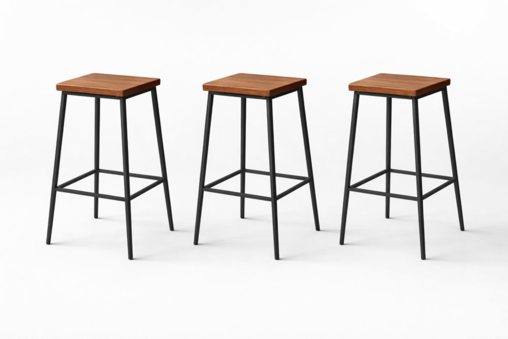 Set di 3 sgabelli con seduta in legno e struttura in metallo nero-Nestelivo