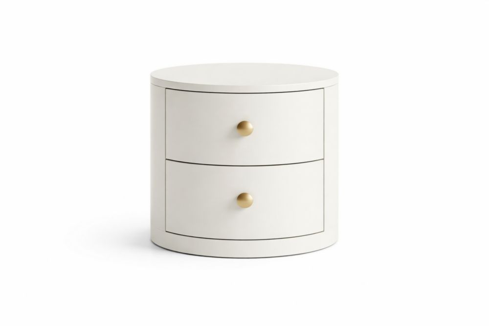 Comodino rotondo bianco in MDF con due cassetti e maniglie di alluminio-Nestelivo