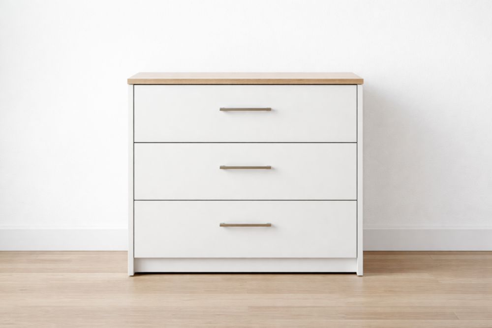 Cassettiera tre cassetti in MDF bianco con top in quercia-Nestelivo