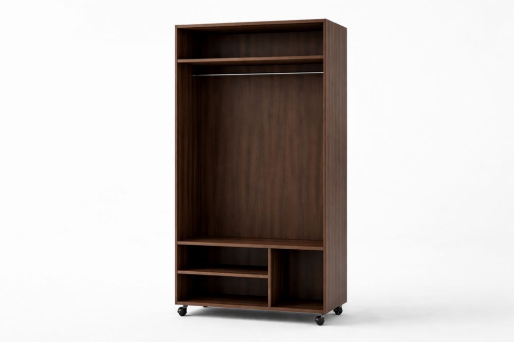 Armadio mobile in legno composito con mensole e rotelle marrone-Nestelivo