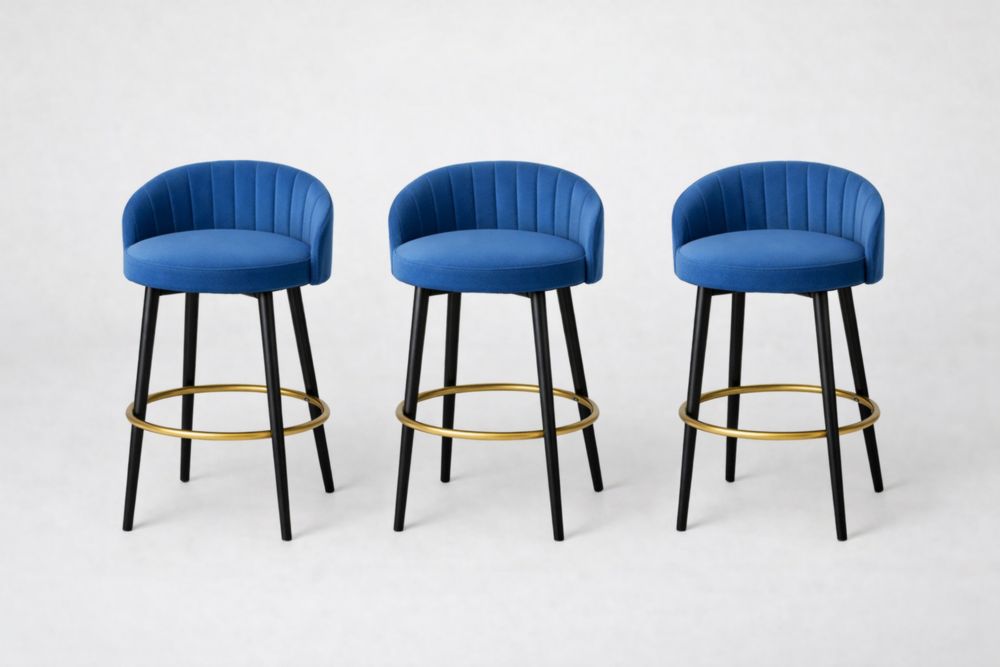 Set di 3 sgabelli da bar in velluto blu con struttura in metallo-Nestelivo