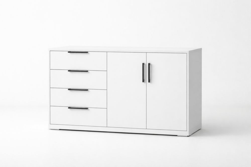 Credenza con 4 cassetti e 2 ante in MDF bianco-Nestelivo