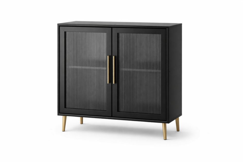Credenza in MDF con Ante in Vetro Striato Nero 100x40x80 cm-Nestelivo